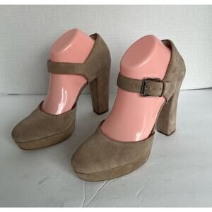 Michael Kors Haven Ankle Strap Beige Tan Suede Platform High Heel Shoes Sz 8.5M